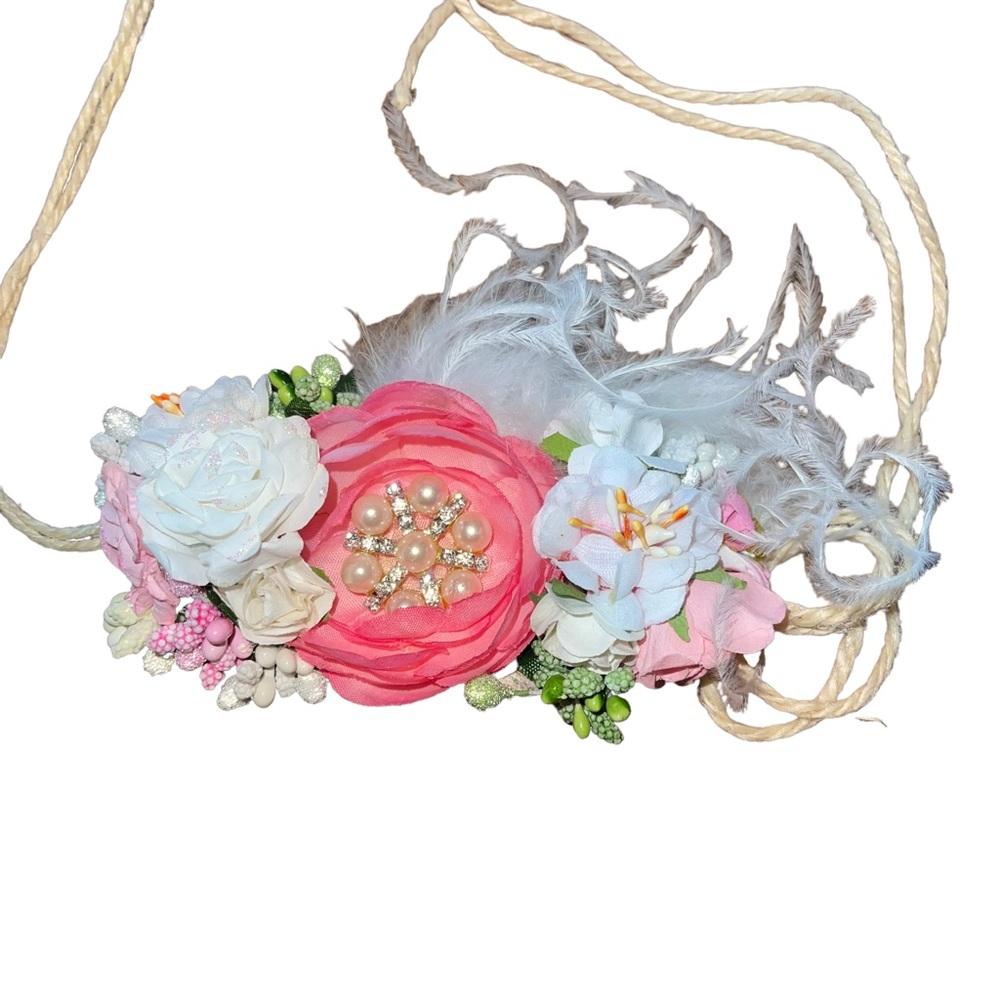 My Sunshine Shoppe Toddler Floral Tie Back Head Band Pink Cream Rhinestones